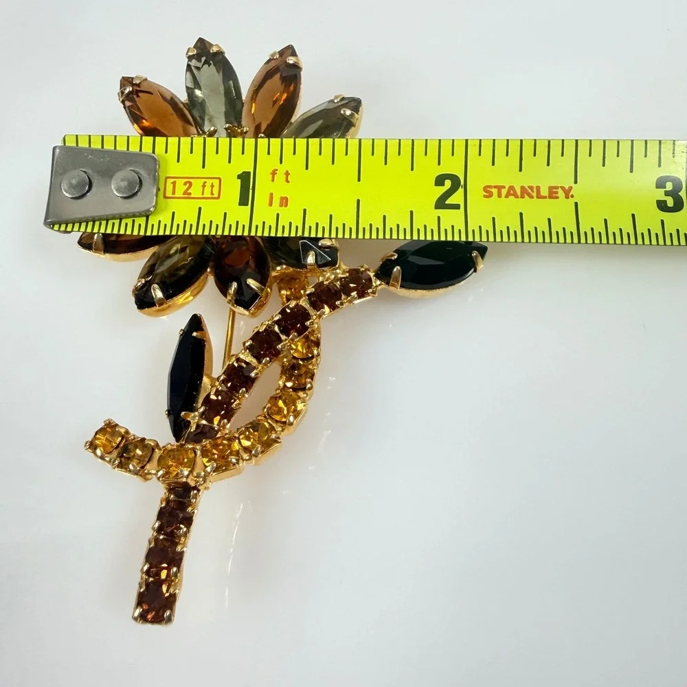 Vintage Flower Brooch Gold Tone Amber Brown Rhinestone Open Back 3 Inch Floral